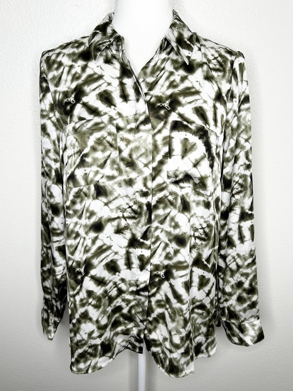 New INC Womens Tie-Dye Satin Long Sleeve Button Front Top Blouse Size M NWT